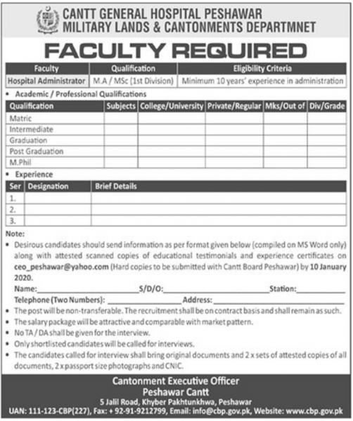 Govt Jobs In Cantt General Hospital Peshawar Pakistan 2021