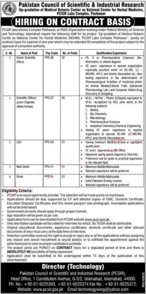 JOB VACANCIES AT PCSIR LABORATORIES COMPLEX PESHAWAR 2023