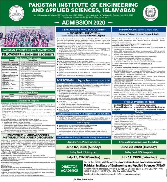 Jobs in Pakistan Institute Of Engineering & Applied Sciences (PIEAS) Admissions & Jobs 2020
