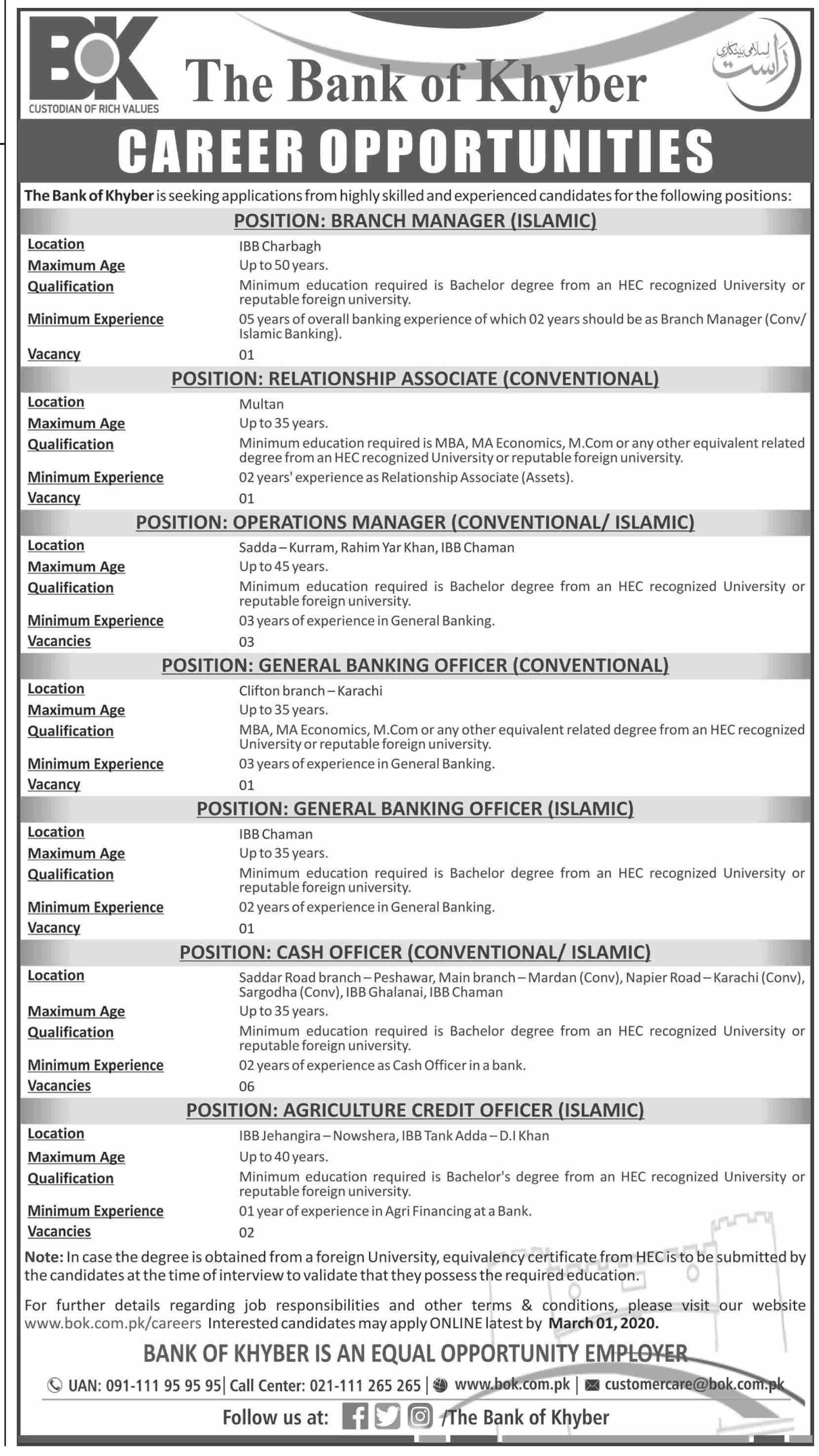the Bank of Khyber Jobs 2020